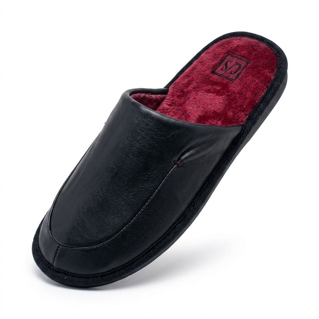 CalmStride Men’s Slippers – Black Leather Lounge House Slipper