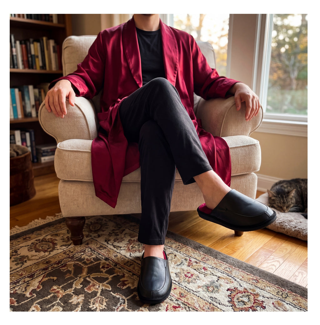 CalmStride Men’s Slippers – Black Leather Lounge House Slipper