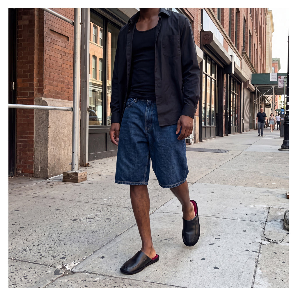 CalmStride Men’s Slippers – Black Leather Lounge House Slipper