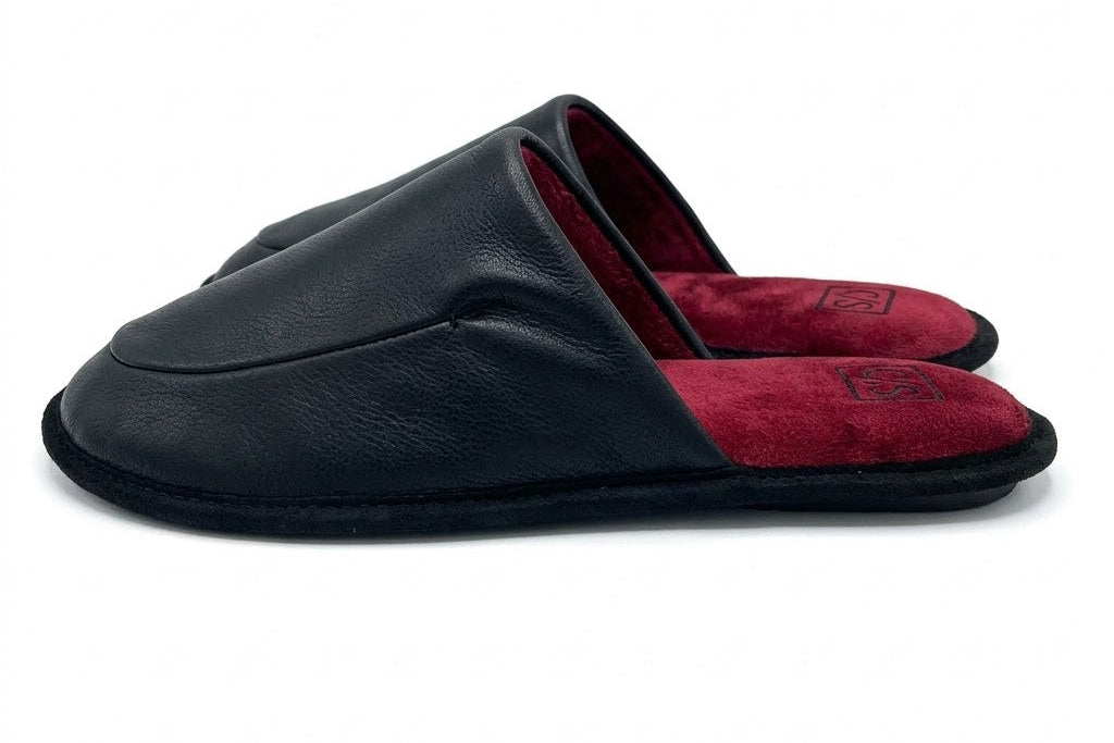 CalmStride Men’s Slippers – Black Leather Lounge House Slipper