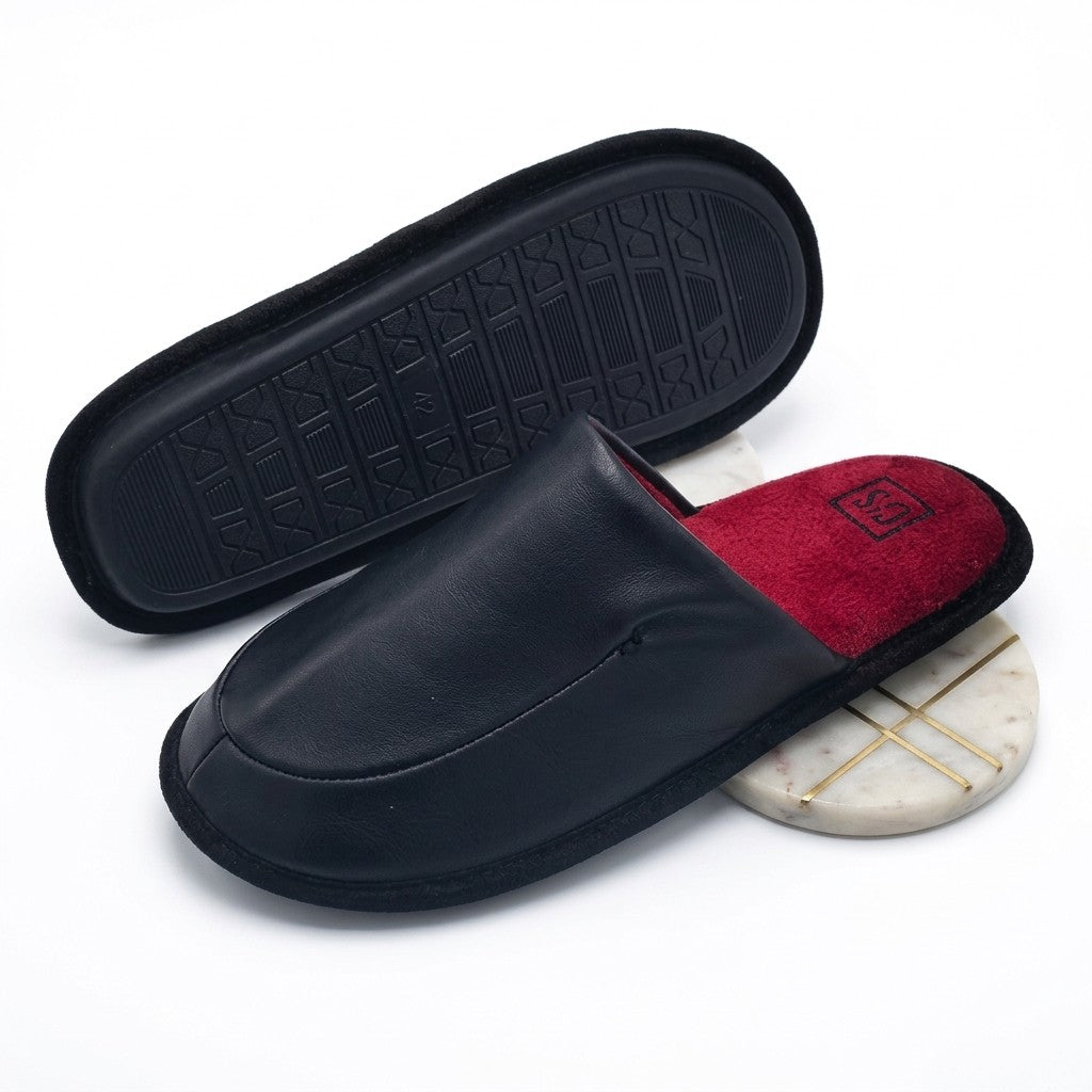 CalmStride Men’s Slippers – Black Leather Lounge House Slipper