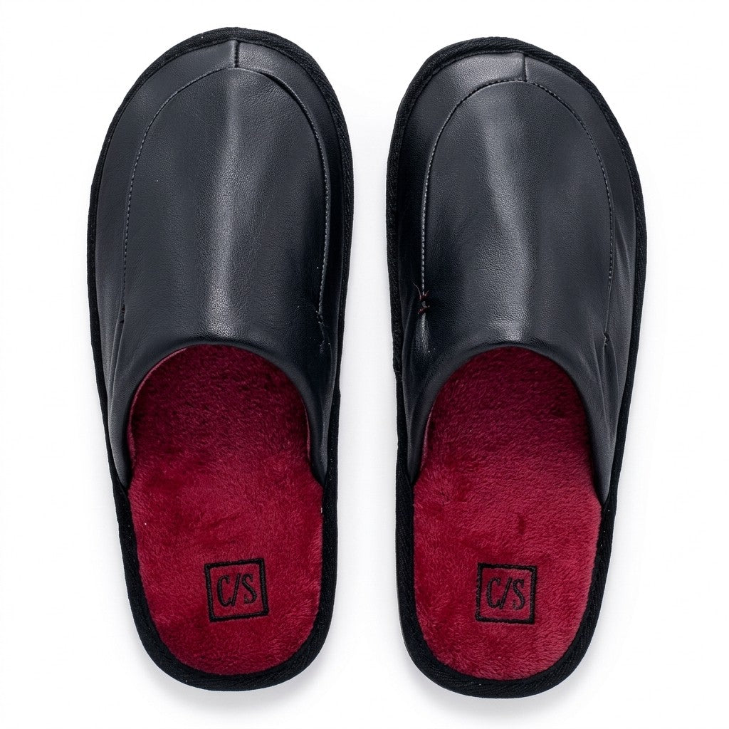 CalmStride Men’s Slippers – Black Leather Lounge House Slipper